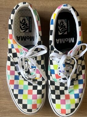 Vans Black-and-White Checkerboard Sneakers with Multi-Color Squares